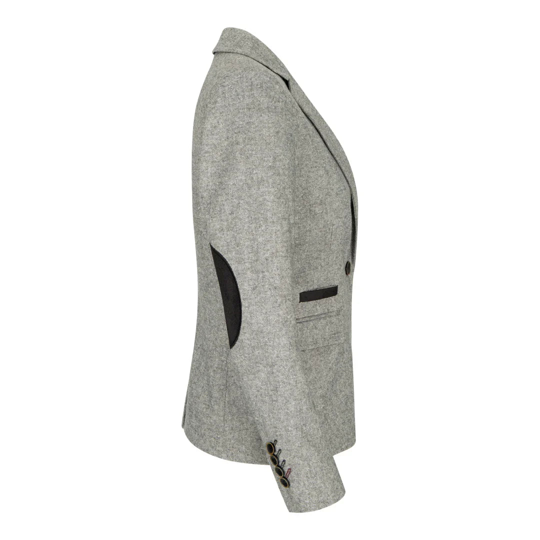 wsn03 - Blazer feminino cinza em tweed com patch Elow, estilo anos 1920