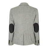 wsn03 - Blazer feminino cinza em tweed com patch Elow, estilo anos 1920
