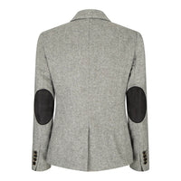 wsn03 - Blazer feminino cinza em tweed com patch Elow, estilo anos 1920