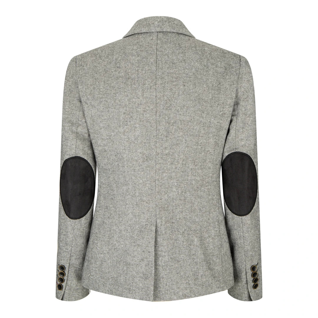 wsn03 - Blazer feminino cinza em tweed com patch Elow, estilo anos 1920