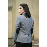 wsn03 - Blazer feminino cinza em tweed com patch Elow, estilo anos 1920