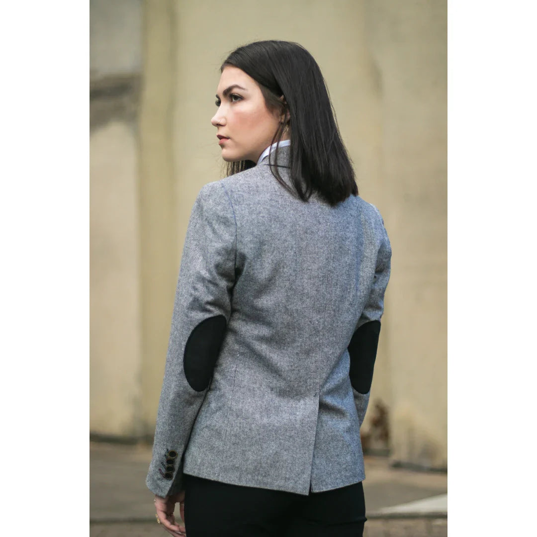 wsn03 - Blazer feminino cinza em tweed com patch Elow, estilo anos 1920