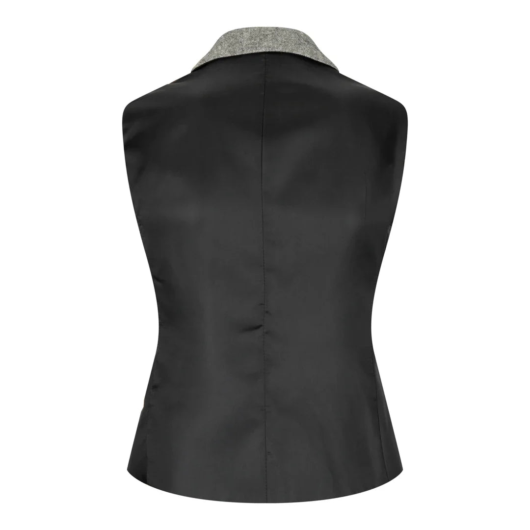 wsn03 - Blazer Colete Feminino em Tweed Cinza com Patch Elow Estilo Peaky Anos 1920