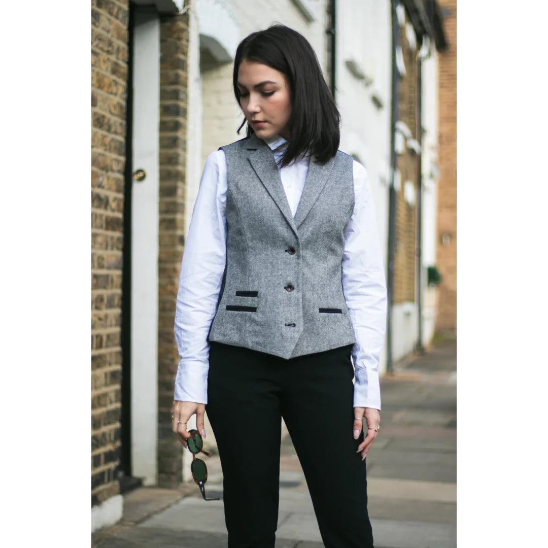 wsn03 - Blazer Colete Feminino em Tweed Cinza com Patch Elow Estilo Peaky Anos 1920
