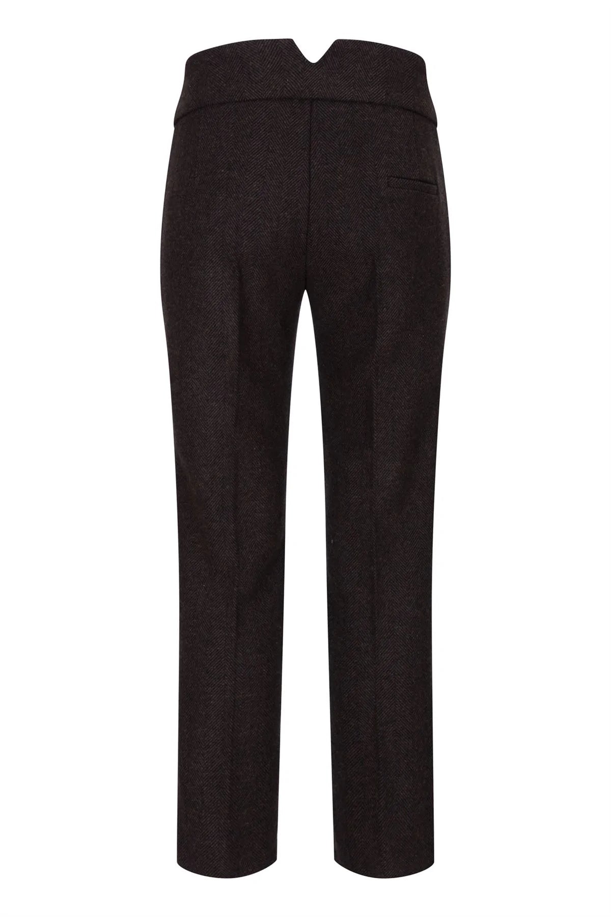 Calças femininas de tweed espinha de peixe marrom, estilo vintage anos 1920, corte clássico e elegante.
