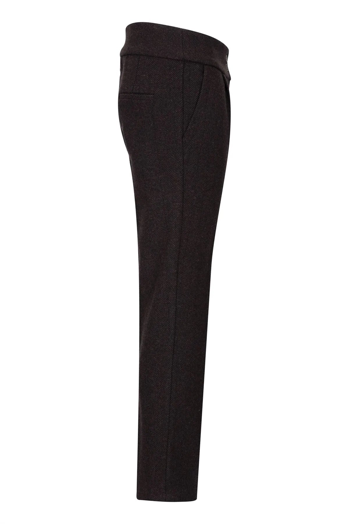 Calças femininas de tweed espinha de peixe marrom, estilo vintage anos 1920, corte clássico e elegante.
