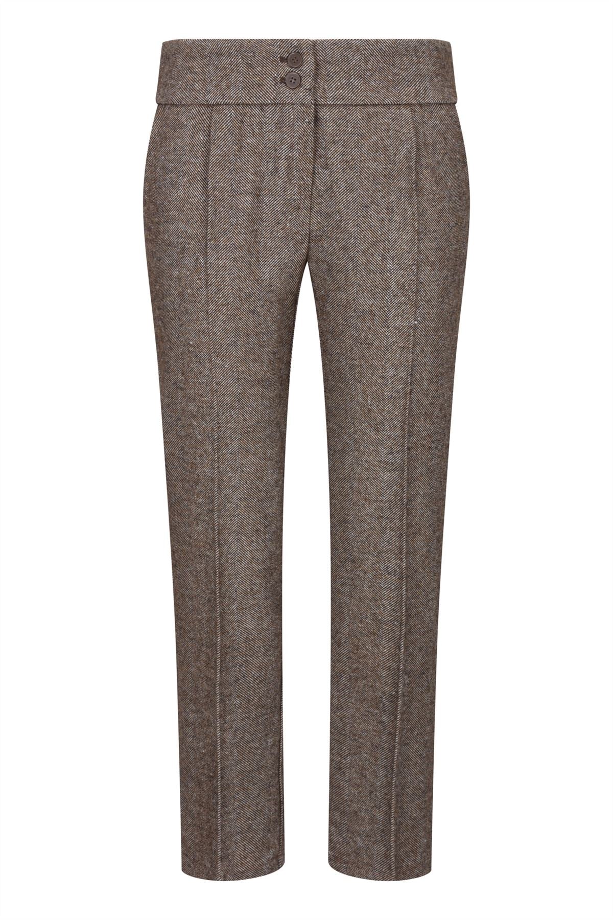 Calças femininas de tweed vintage dos anos 1920, modelo Blinders, em tons de marrom claro com estampa espinha de peixe e corte ajustado.