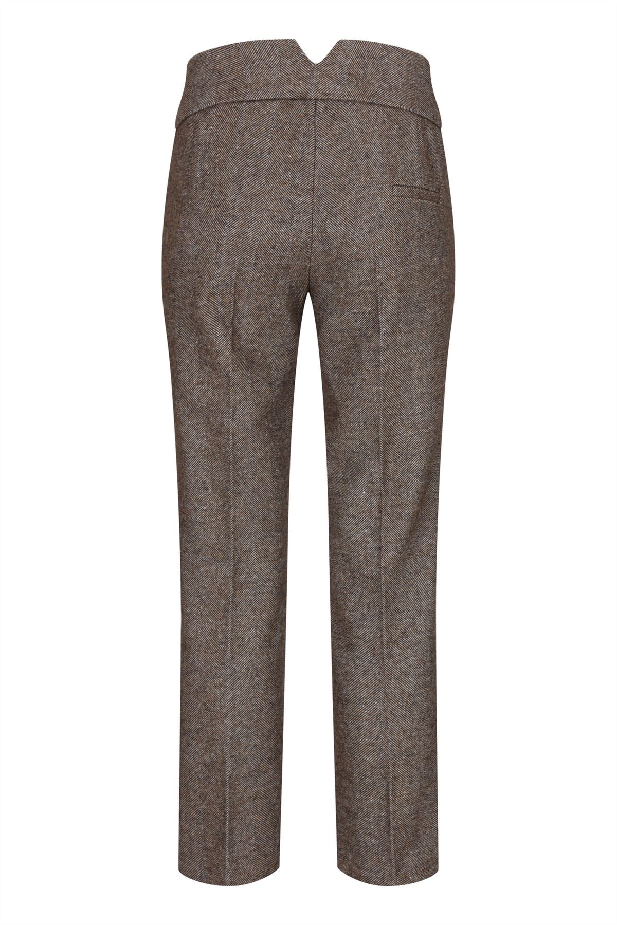 Calças femininas de tweed vintage dos anos 1920, modelo Blinders, em tons de marrom claro com estampa espinha de peixe e corte ajustado.