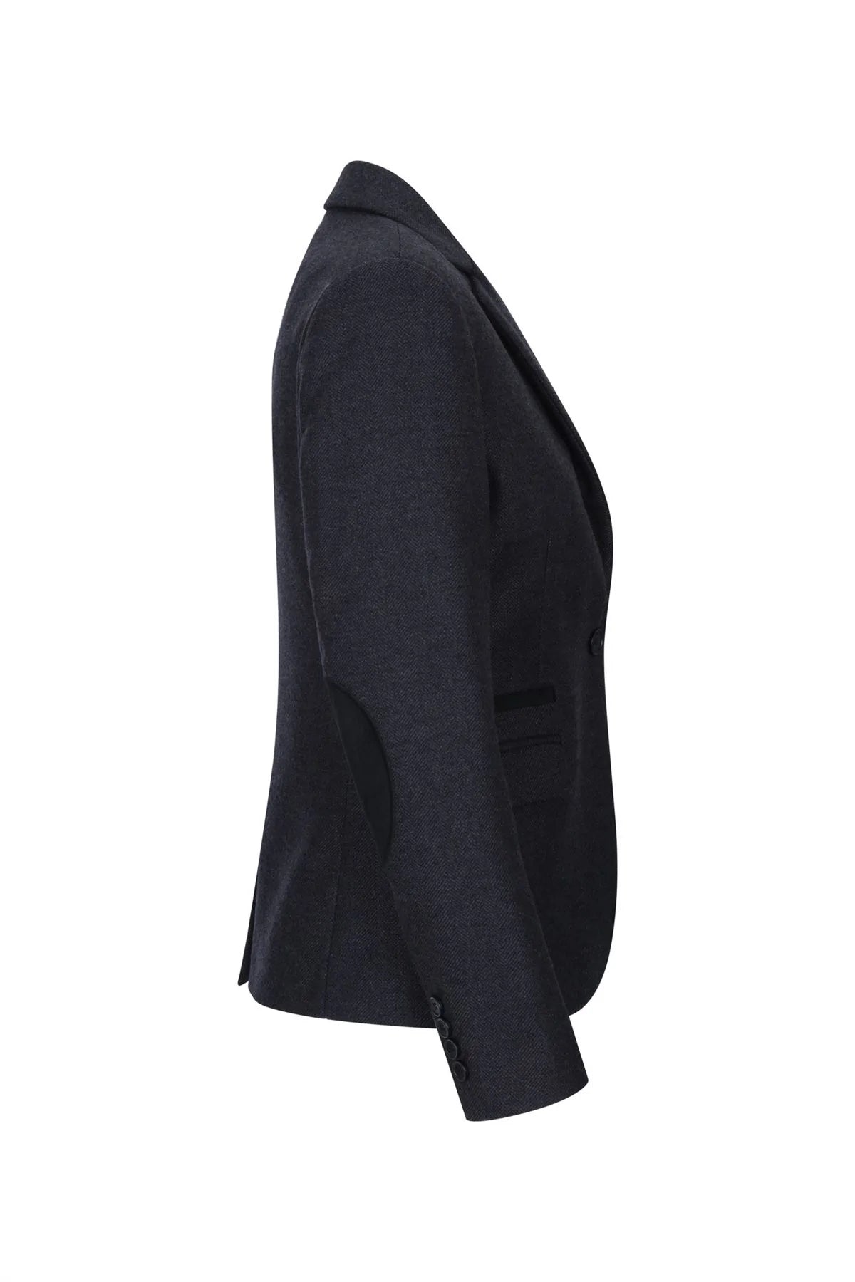 Jaqueta feminina preta em tweed espinha de peixe, lã, estilo clássico, casual elegante, vintage anos 1920.