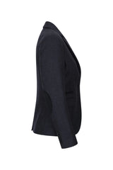 Jaqueta feminina preta em tweed espinha de peixe, lã, estilo clássico, casual elegante, vintage anos 1920.