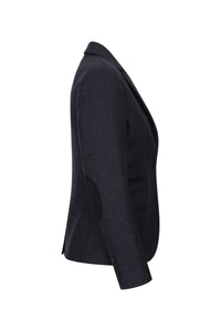 Jaqueta feminina preta em tweed espinha de peixe, lã, estilo clássico, casual elegante, vintage anos 1920.