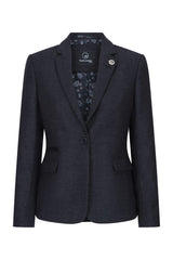 Jaqueta feminina preta em tweed espinha de peixe, lã, estilo clássico, casual elegante, vintage anos 1920.