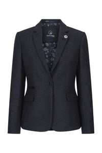 Jaqueta feminina preta em tweed espinha de peixe, lã, estilo clássico, casual elegante, vintage anos 1920.