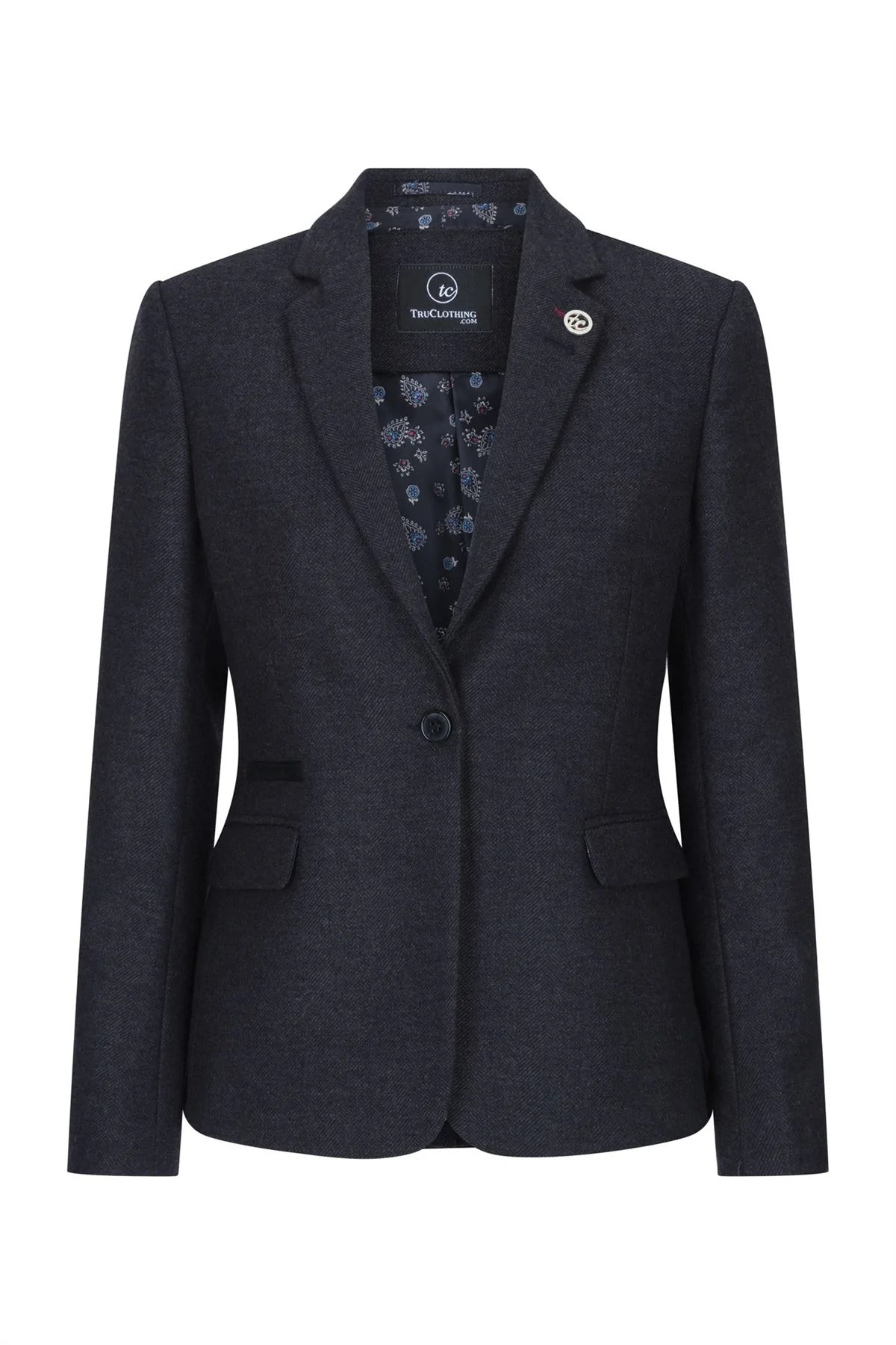 Jaqueta feminina preta em tweed espinha de peixe, lã, estilo clássico, casual elegante, vintage anos 1920.