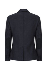 Jaqueta feminina preta em tweed espinha de peixe, lã, estilo clássico, casual elegante, vintage anos 1920.