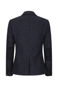 Jaqueta feminina preta em tweed espinha de peixe, lã, estilo clássico, casual elegante, vintage anos 1920.