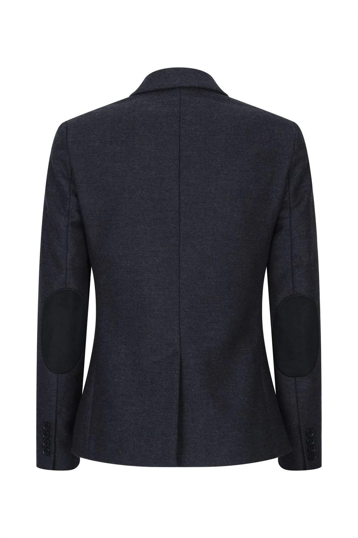 Jaqueta feminina preta em tweed espinha de peixe, lã, estilo clássico, casual elegante, vintage anos 1920.