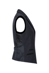 Colete feminino preto em tweed espinha de peixe, lã, clássico, elegante e casual, estilo vintage dos anos 1920.