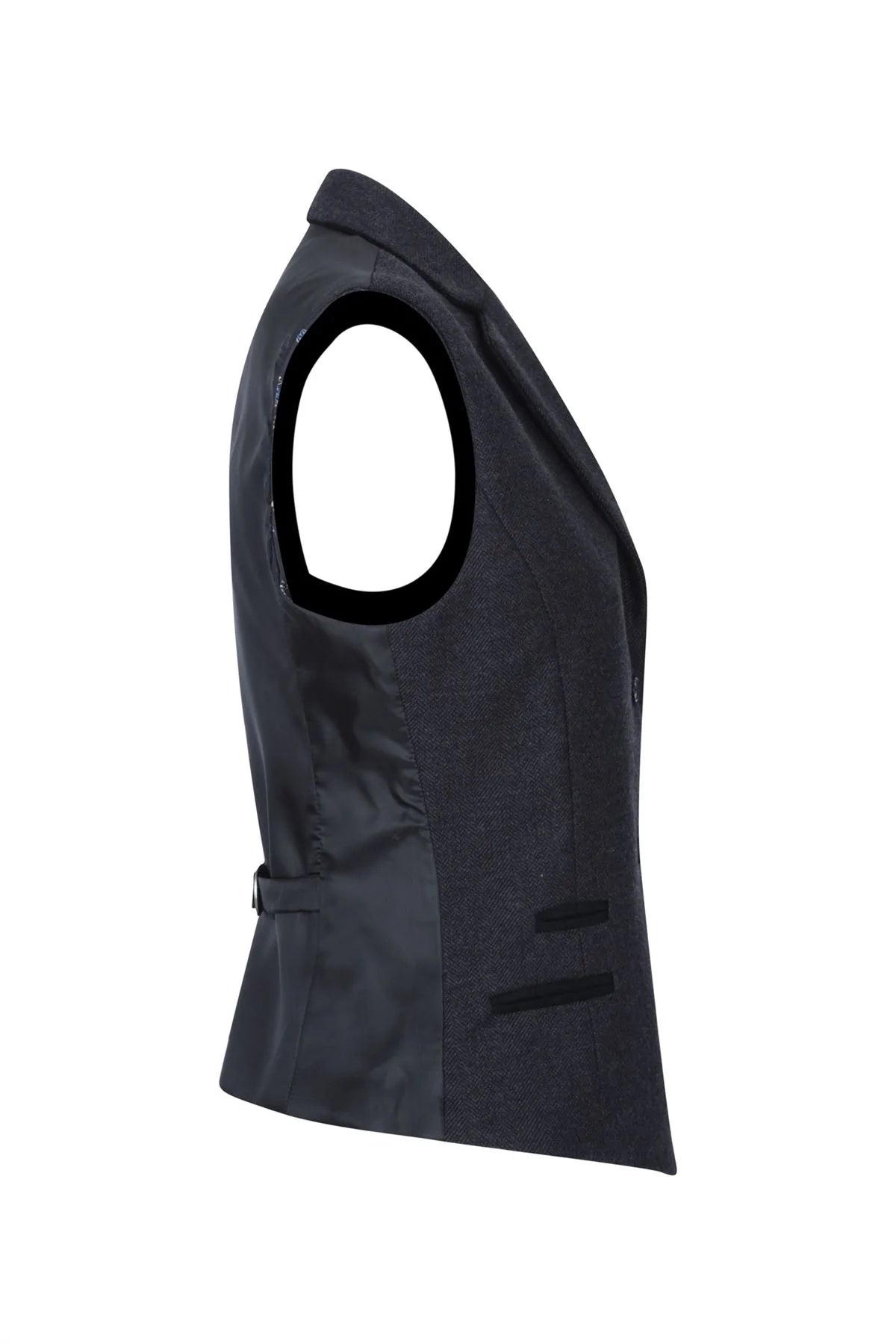 Colete feminino preto em tweed espinha de peixe, lã, clássico, elegante e casual, estilo vintage dos anos 1920.