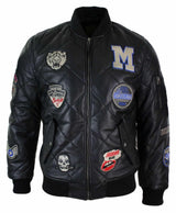 Jaqueta masculina de couro legítimo acolchoada estilo universitário, estilo bomber, com distintivo.