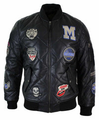 Jaqueta masculina de couro legítimo acolchoada estilo universitário, estilo bomber, com distintivo.