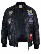 Jaqueta masculina de couro legítimo acolchoada estilo universitário, estilo bomber, com distintivo.
