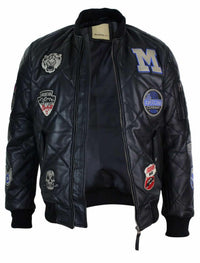 Jaqueta masculina de couro legítimo acolchoada estilo universitário, estilo bomber, com distintivo.