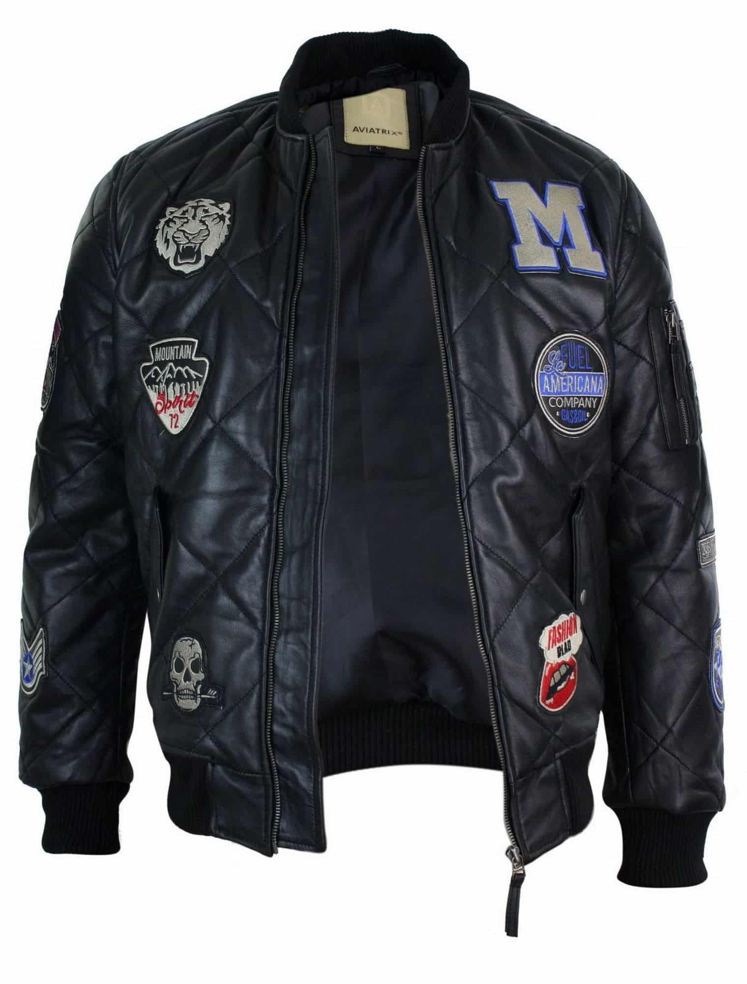 Jaqueta masculina de couro legítimo acolchoada estilo universitário, estilo bomber, com distintivo.