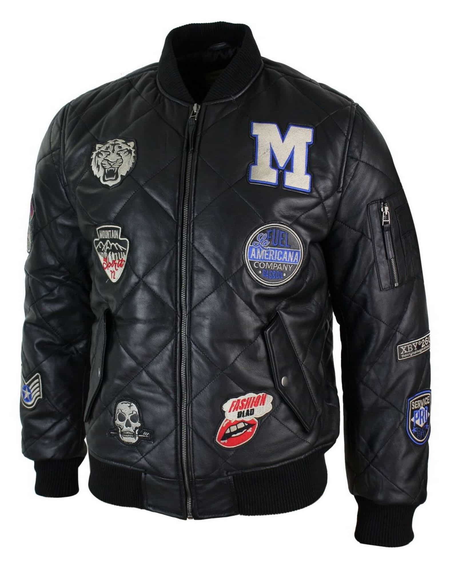 Jaqueta masculina de couro legítimo acolchoada estilo universitário, estilo bomber, com distintivo.