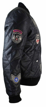 Jaqueta masculina de couro legítimo acolchoada estilo universitário, estilo bomber, com distintivo.