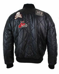 Jaqueta masculina de couro legítimo acolchoada estilo universitário, estilo bomber, com distintivo.