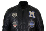 Jaqueta masculina de couro legítimo acolchoada estilo universitário, estilo bomber, com distintivo.