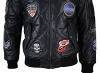 Jaqueta masculina de couro legítimo acolchoada estilo universitário, estilo bomber, com distintivo.