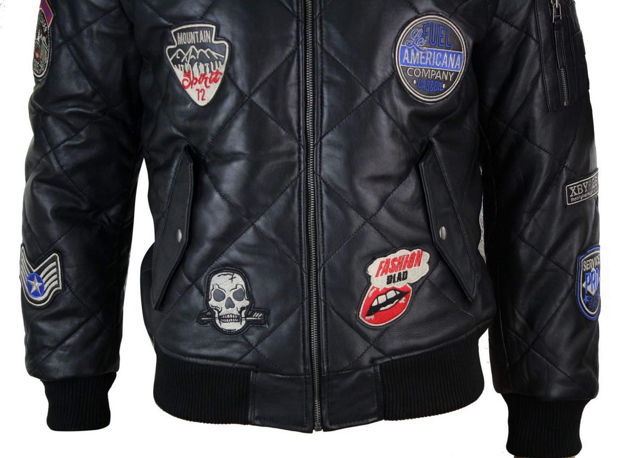 Jaqueta masculina de couro legítimo acolchoada estilo universitário, estilo bomber, com distintivo.